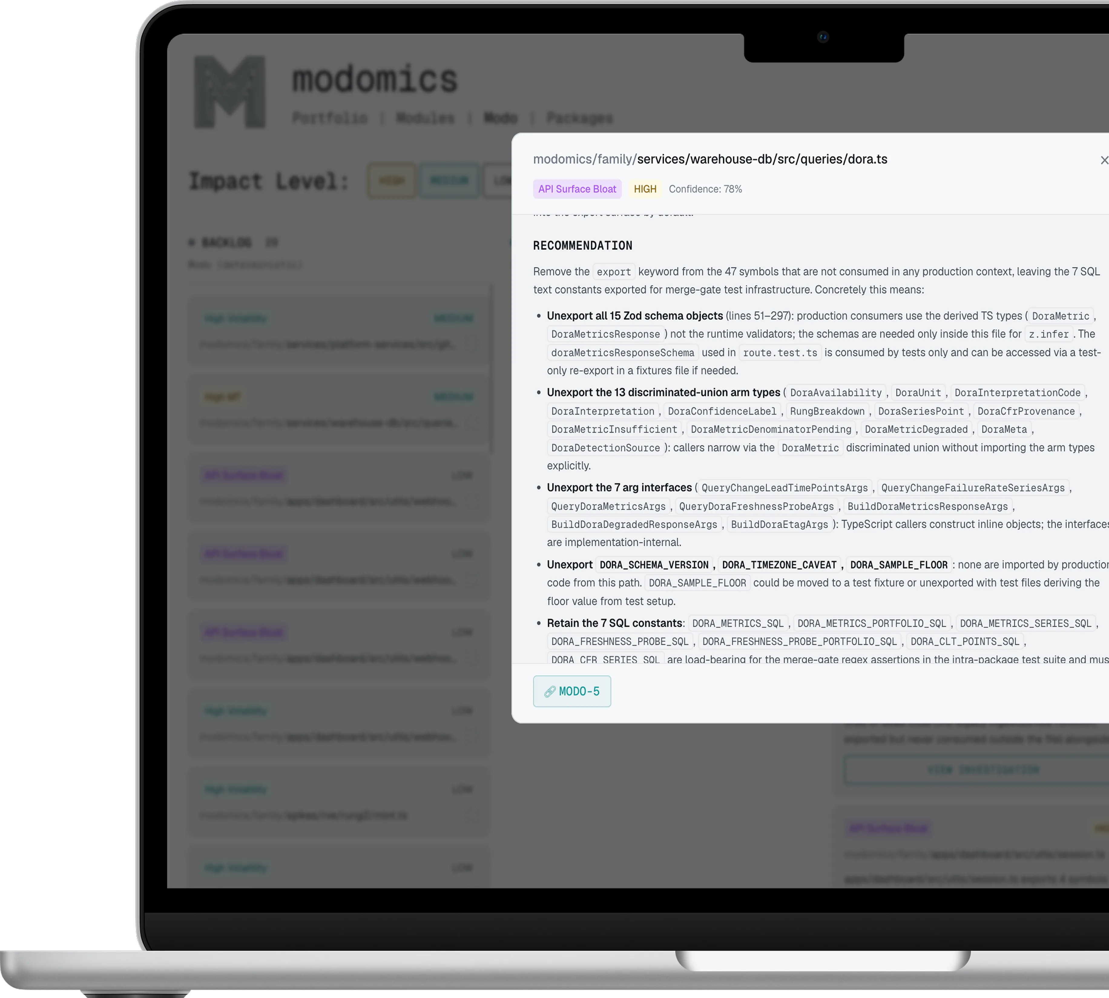 Modomics dashboard showing a backlog of module investigations ranked by impact level, with an open investigation detailing an API surface bloat finding and its recommended remediation